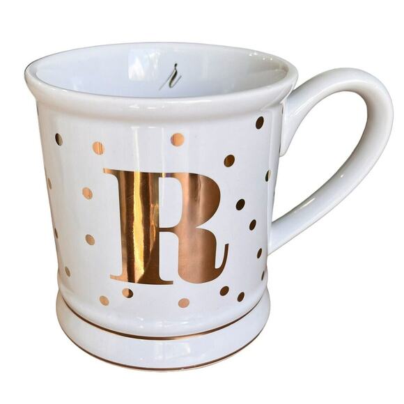 Pier 1 Stoneware Mug Large 16 Oz White Gold Chrome Initial 'R' Glam Coffee Cup - Picture 1 of 10